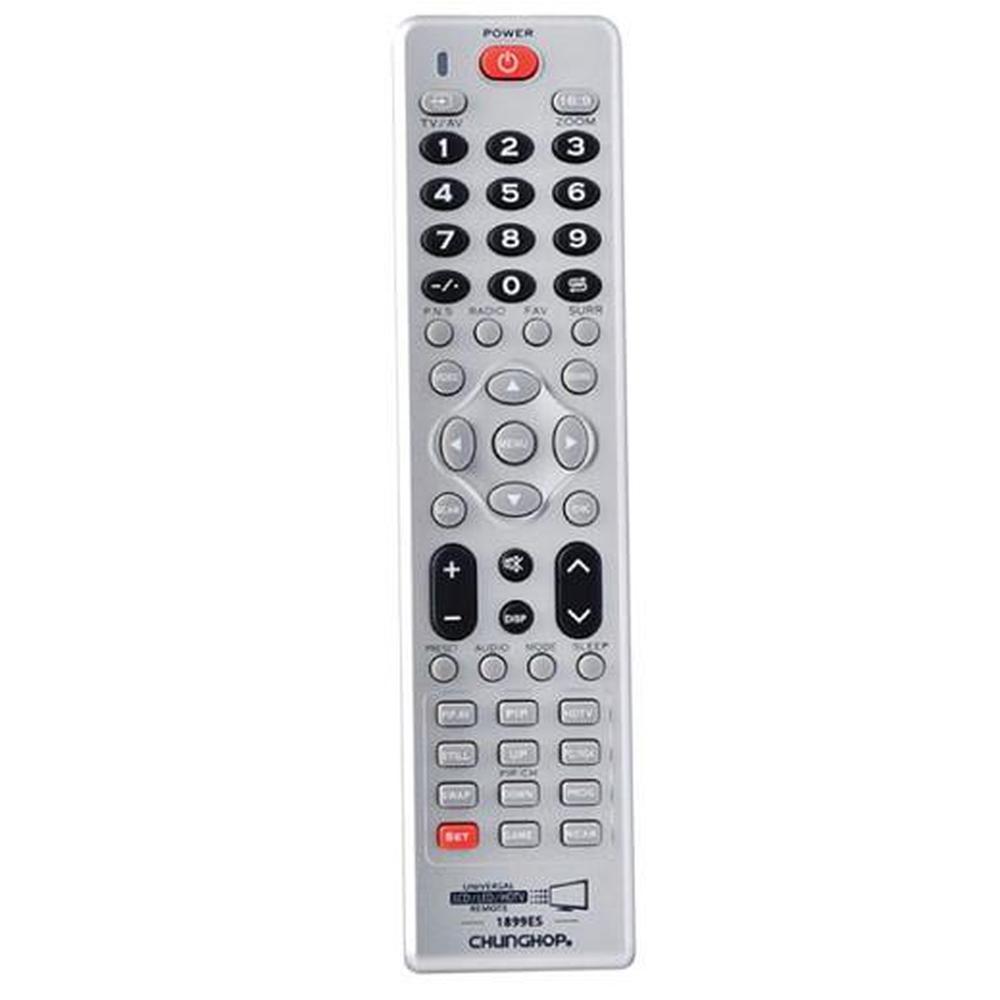 Chunghop Universal LCD LED HD TV Remote Control with buttons for various functions and a sleek design, compatible with many TV brands.